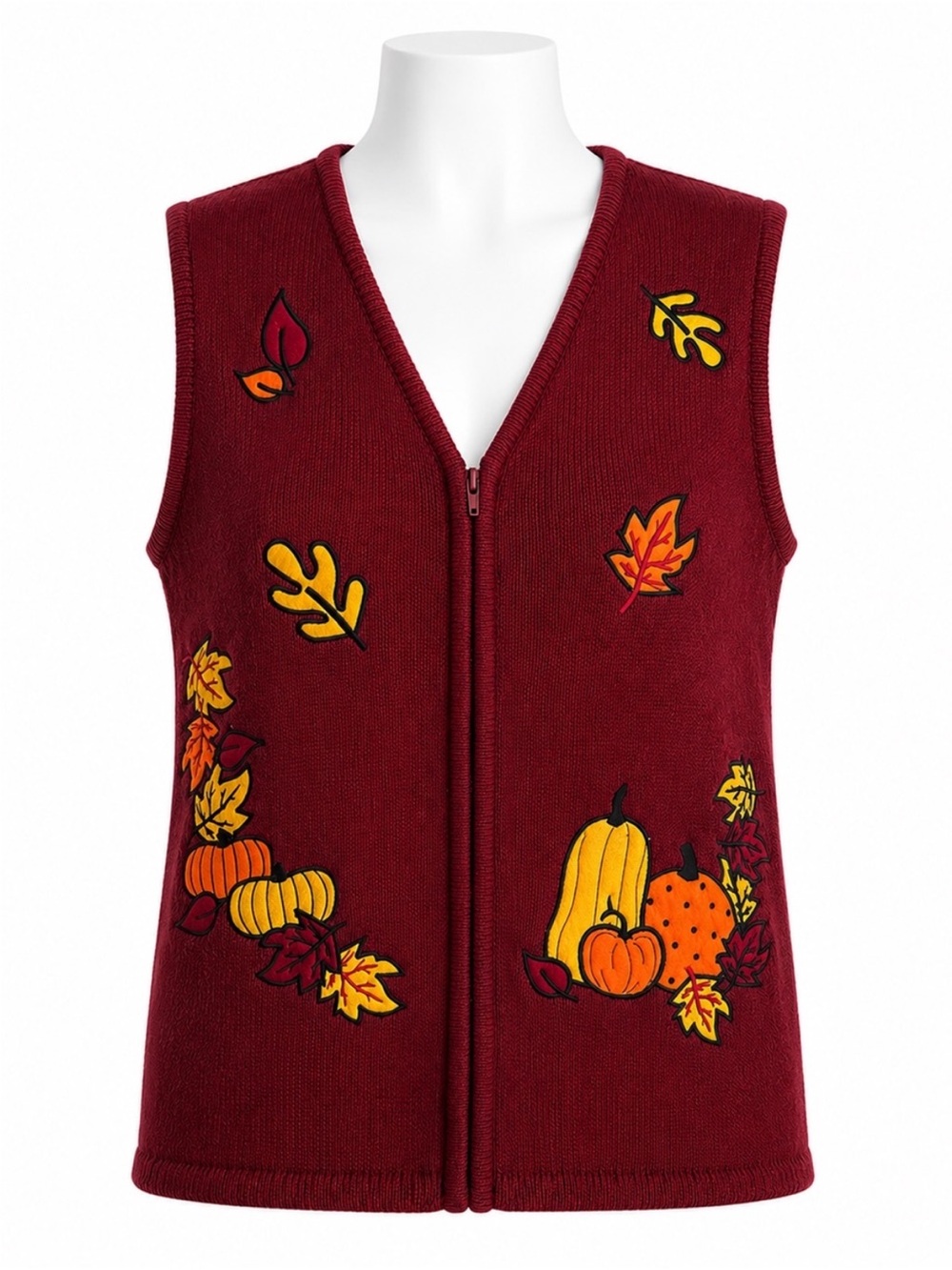 Size S Daniel Laurent Women’s Vintage NWT Pumpkin Leaf Knit Zip Vest Burgundy